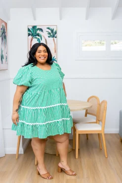 Greta Party Dress in Gingham Green