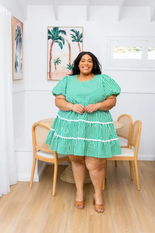 Greta Party Dress in Gingham Green