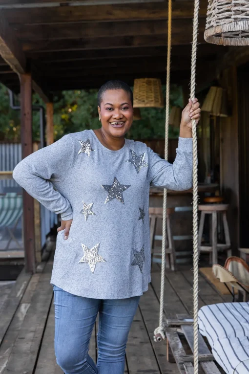 Harriet Star Sequin Knit Top in Grey