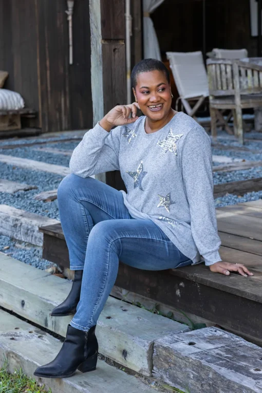 Harriet Star Sequin Knit Top in Grey