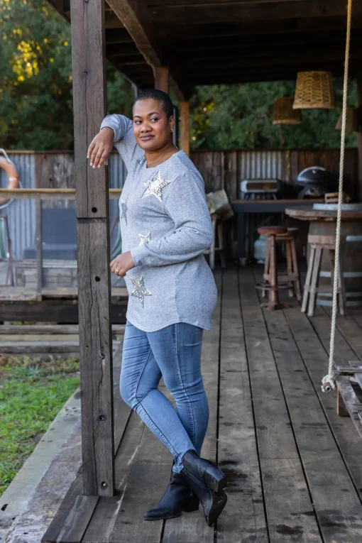 Harriet Star Sequin Knit Top in Grey