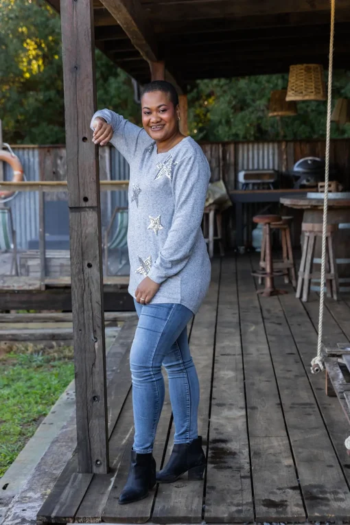 Harriet Star Sequin Knit Top in Grey